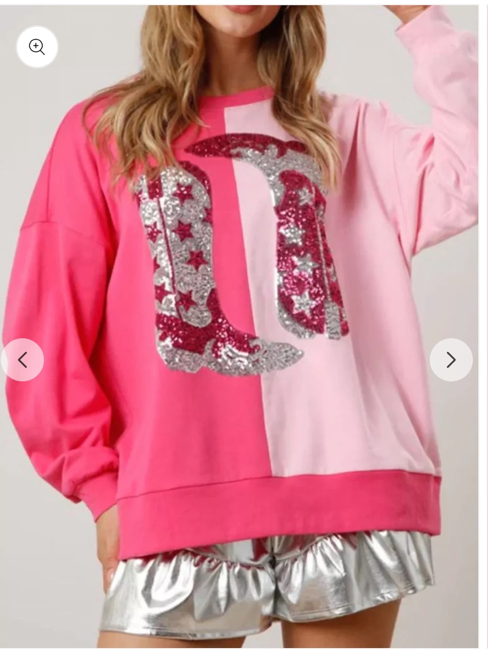 Boutique Oversized Pink Two-Tone Sequin Cowboy Boot Sweatshirt Size Large